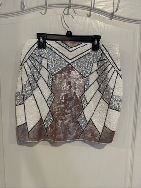 EXPRESS High Waisted white silver metallic Sequin Mini Skirt Geometric art small